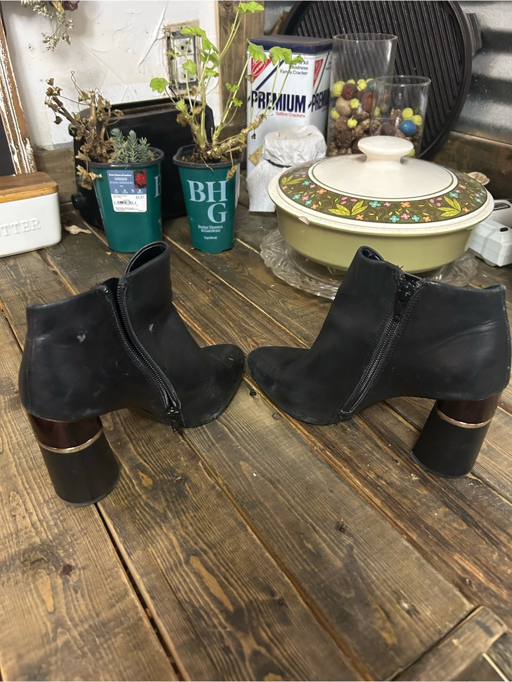 ANTONIO MELANI Black Leather Ankle Booties with Sculpted Block Heel